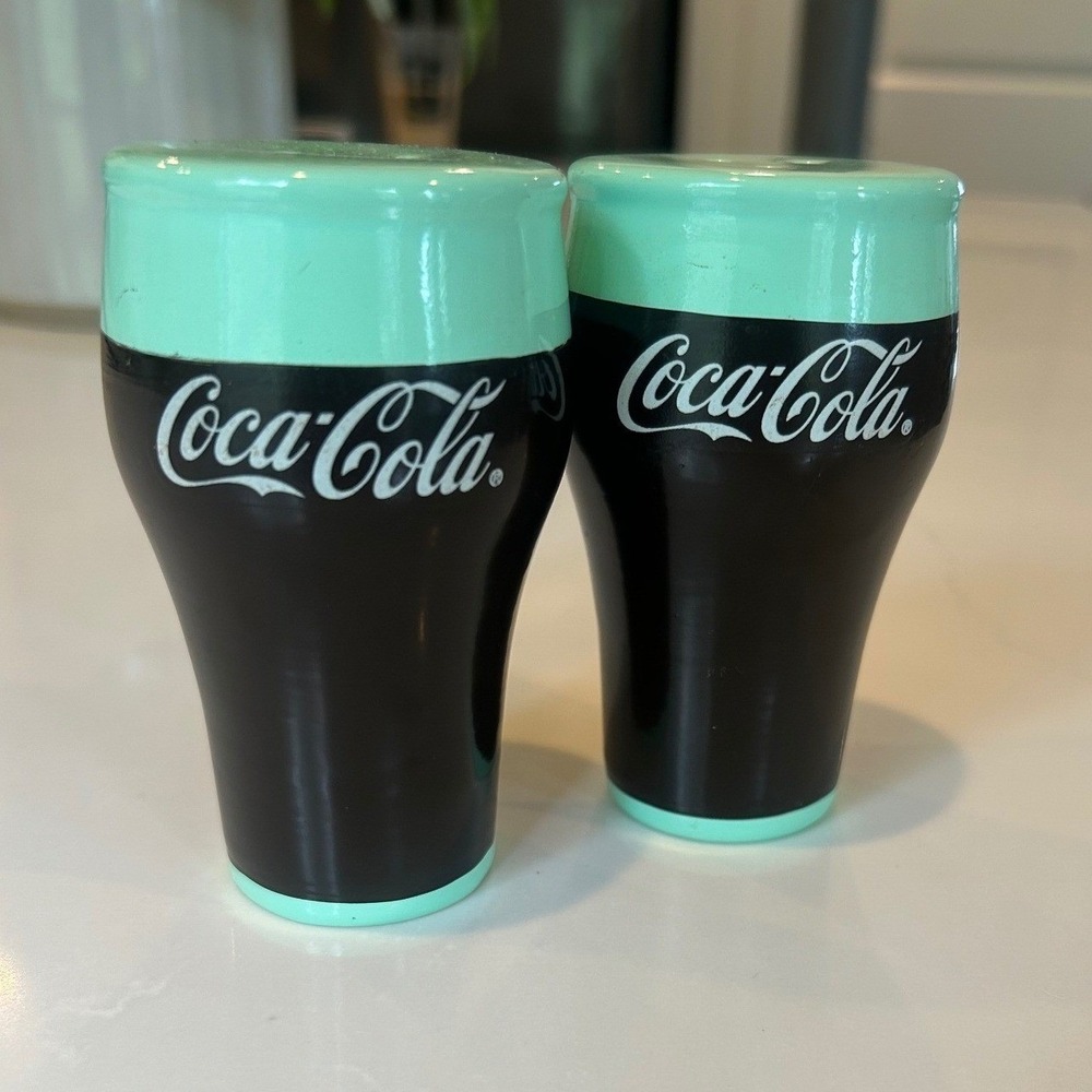 Coca-Cola Salt and Pepper Shakers Black Mint Green Ceramic Set